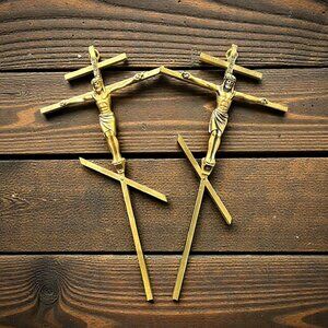 Set of 2 Vintage Solid Brass Crucifix Wall Decor, Pair of Religious Crosses